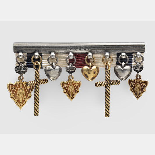NEW $595 GUCCI Aged Sterling Silver HYSTORIA KNIGHT CREST Heart Charm BROOCH PIN