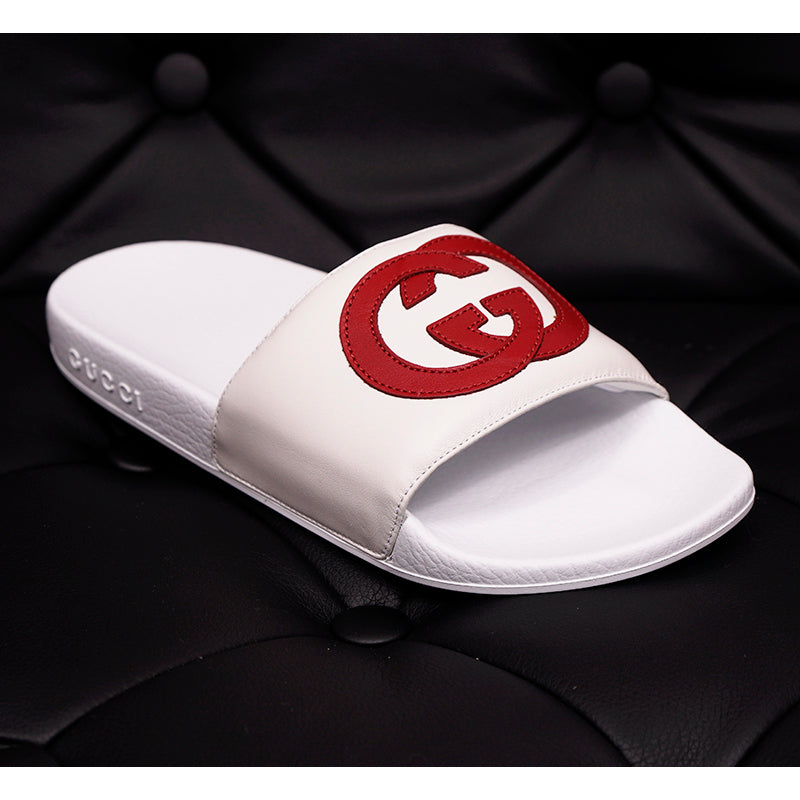 37  NEW $430 GUCCI Woman's White Leather RED GG LOGO Pursuit SLIDE SANDALS NIB