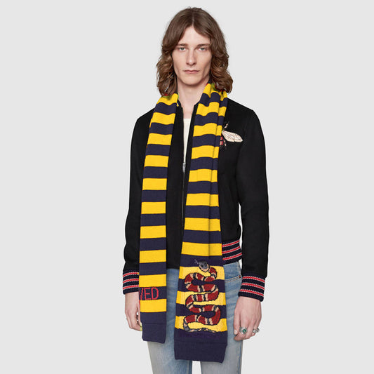 NEW $810 GUCCI Men's Unisex Yellow and Navy Striped Wool Long Scarf With Snake Logo