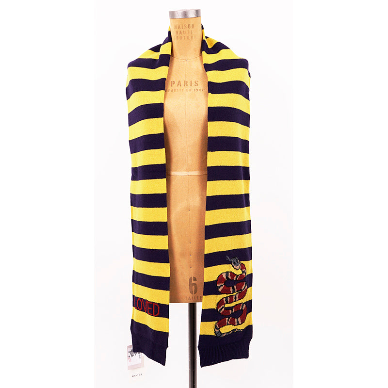 NEW $810 GUCCI Men's Unisex Yellow and Navy Striped Wool Long Scarf With Snake Logo