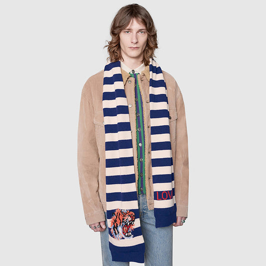 NEW $810 GUCCI Men's Unisex White and Navy Striped Wool Long Scarf With Tiger Logo