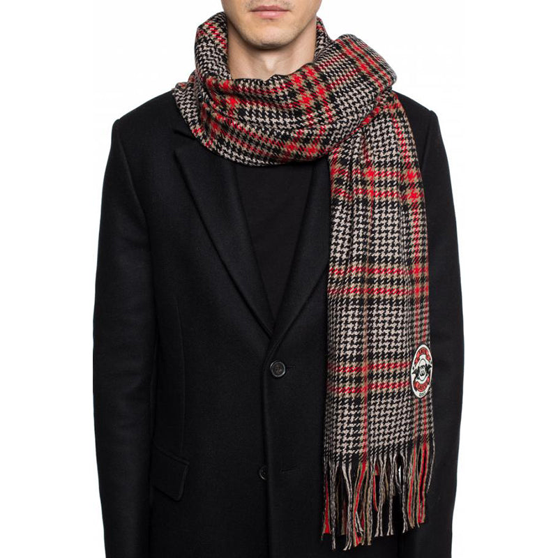 NEW $690 GUCCI Unisex Fringed Houndstooth Wool, Silk, Cashmere Logo Patch Scarf