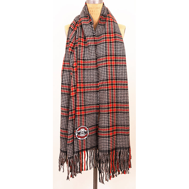 NEW $690 GUCCI Unisex Fringed Houndstooth Wool, Silk, Cashmere Logo Patch Scarf