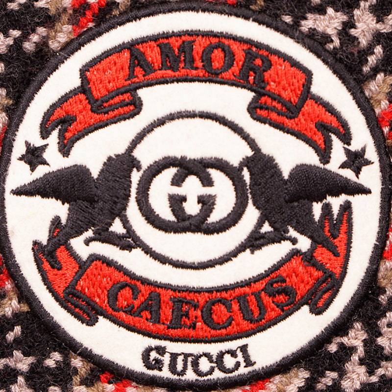 NEW $690 GUCCI Unisex Fringed Houndstooth Wool, Silk, Cashmere Logo Patch Scarf
