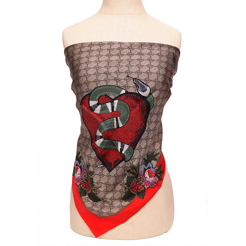 NEW $595 GUCCI Tan GG GARDEN KINGSNAKE HEART Silk Twill 90cm SCARF w/ Snake BOX!