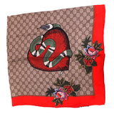 NEW $595 GUCCI Tan GG GARDEN KINGSNAKE HEART Silk Twill 90cm SCARF w/ Snake BOX!