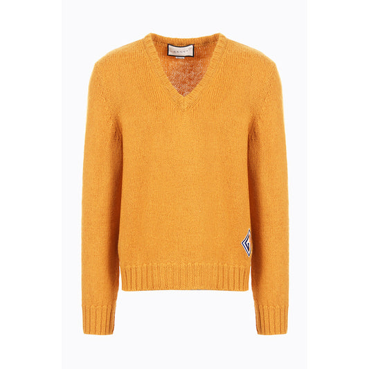 M NEW $980 GUCCI Men Mustard Yellow Wool Knit GAME GG LOGO PATCH V Neck SWEATER