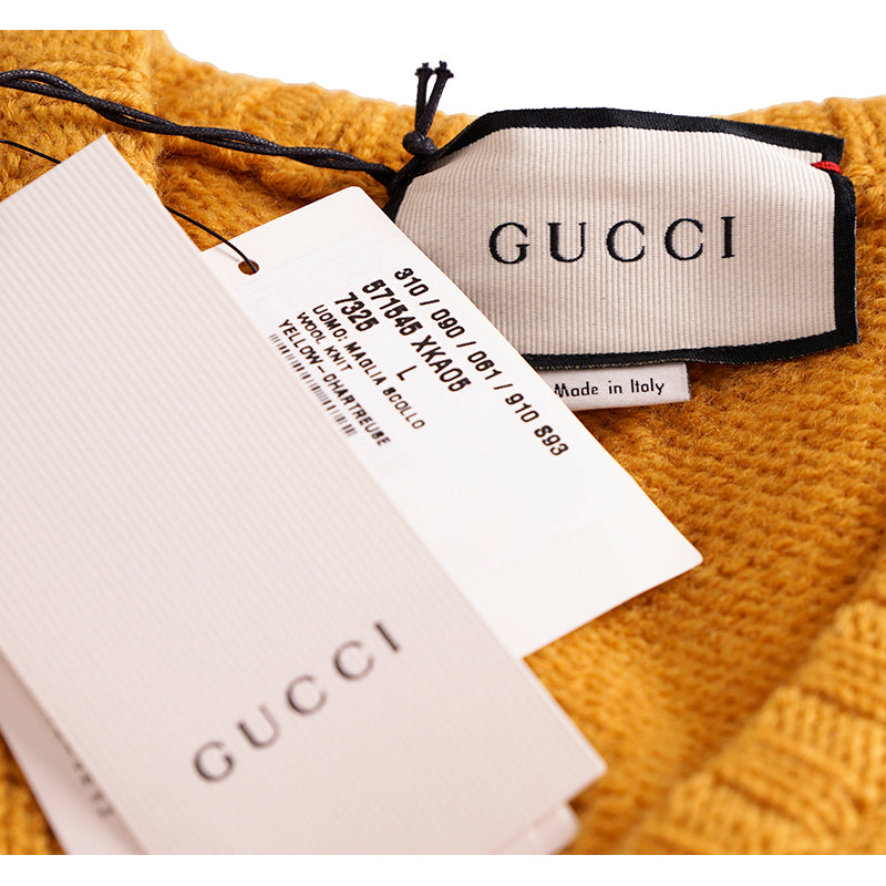 M NEW $980 GUCCI Men Mustard Yellow Wool Knit GAME GG LOGO PATCH V Neck SWEATER