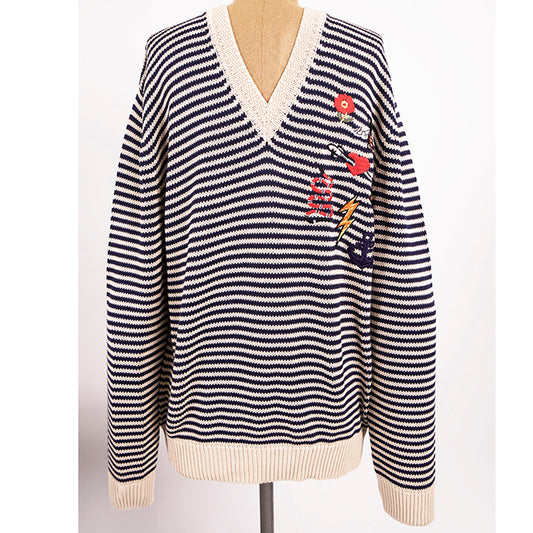 S NEW $1450 GUCCI Mens Beige Navy Stripe BEE SNAKE CAT LOGO V Neck KNIT SWEATER