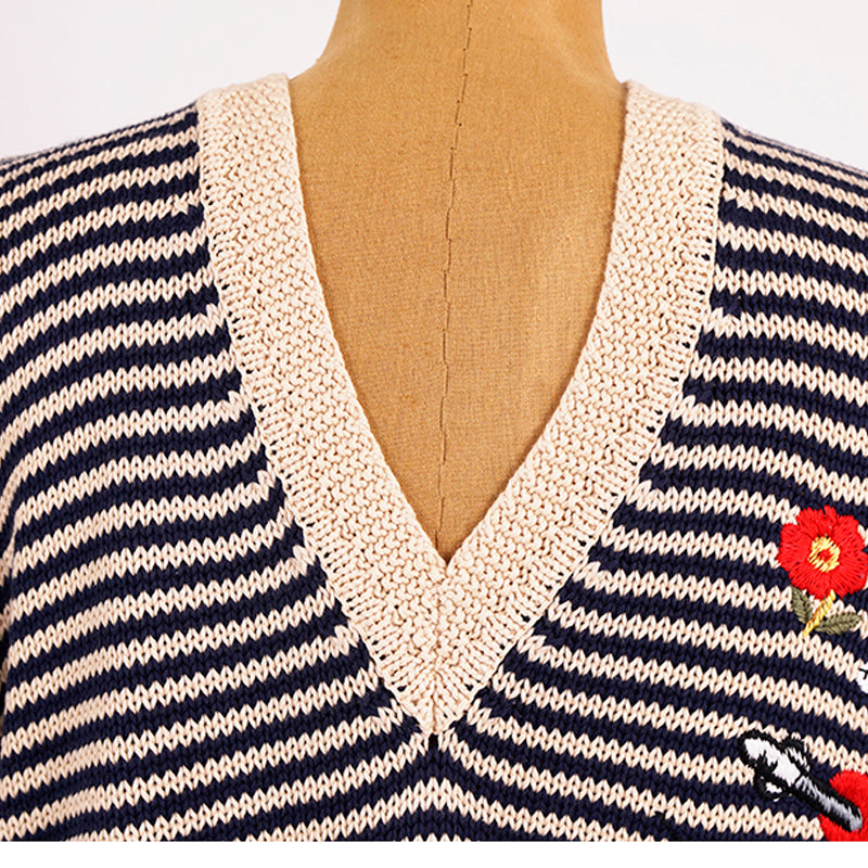 S NEW $1450 GUCCI Mens Beige Navy Stripe BEE SNAKE CAT LOGO V Neck KNIT SWEATER