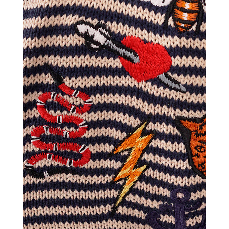 S NEW $1450 GUCCI Mens Beige Navy Stripe BEE SNAKE CAT LOGO V Neck KNIT SWEATER