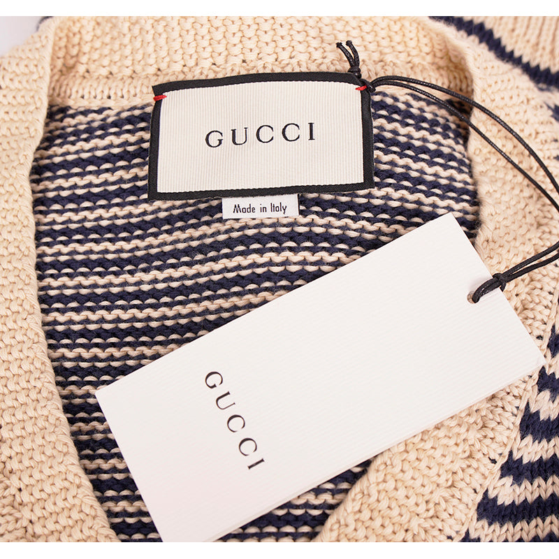 S NEW $1450 GUCCI Mens Beige Navy Stripe BEE SNAKE CAT LOGO V Neck KNIT SWEATER