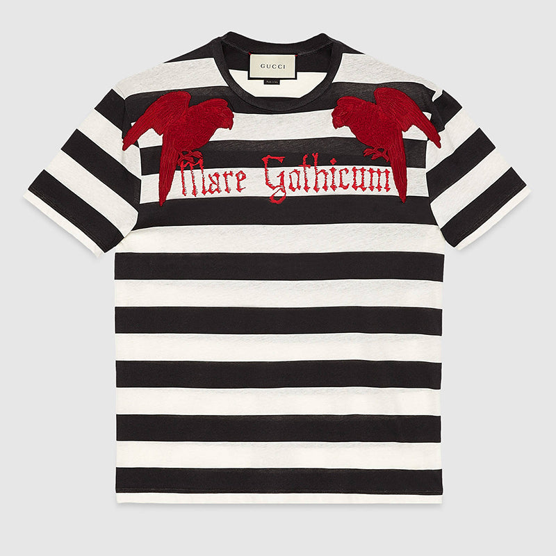 sz S NEW $995 GUCCI MENS Black & White Striped RED EMBROIDERY PARROT Tee T-SHIRT