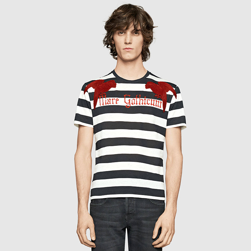 sz S NEW $995 GUCCI MENS Black & White Striped RED EMBROIDERY PARROT Tee T-SHIRT
