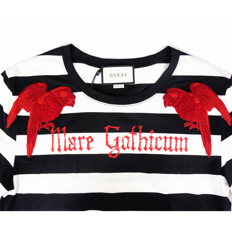 sz S NEW $995 GUCCI MENS Black & White Striped RED EMBROIDERY PARROT Tee T-SHIRT