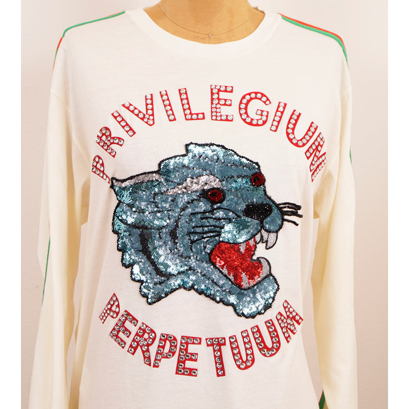 XXS NEW $1,500 GUCCI Ivory Cotton Sequin Cat Head Web Trim Oversize T-Shirt Top