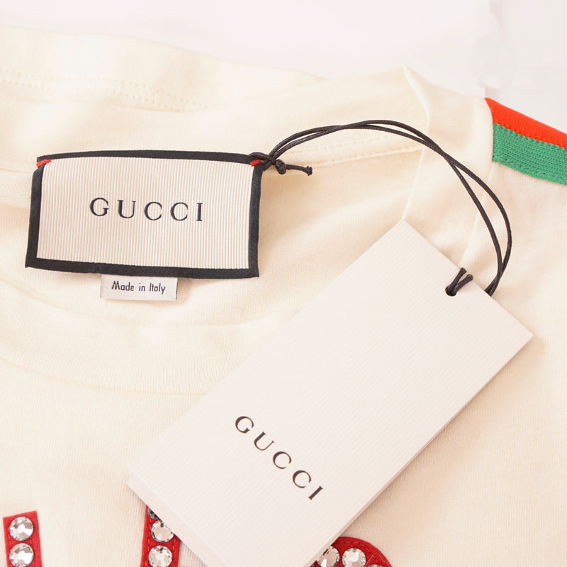 XXS NEW $1,500 GUCCI Ivory Cotton Sequin Cat Head Web Trim Oversize T-Shirt Top