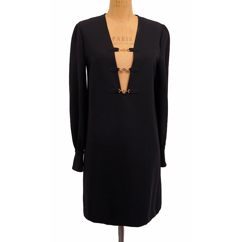 S US 6 NEW $2200 GUCCI Black Compact HORSEBIT GG GOLD HARDWARE Deep V Mini DRESS