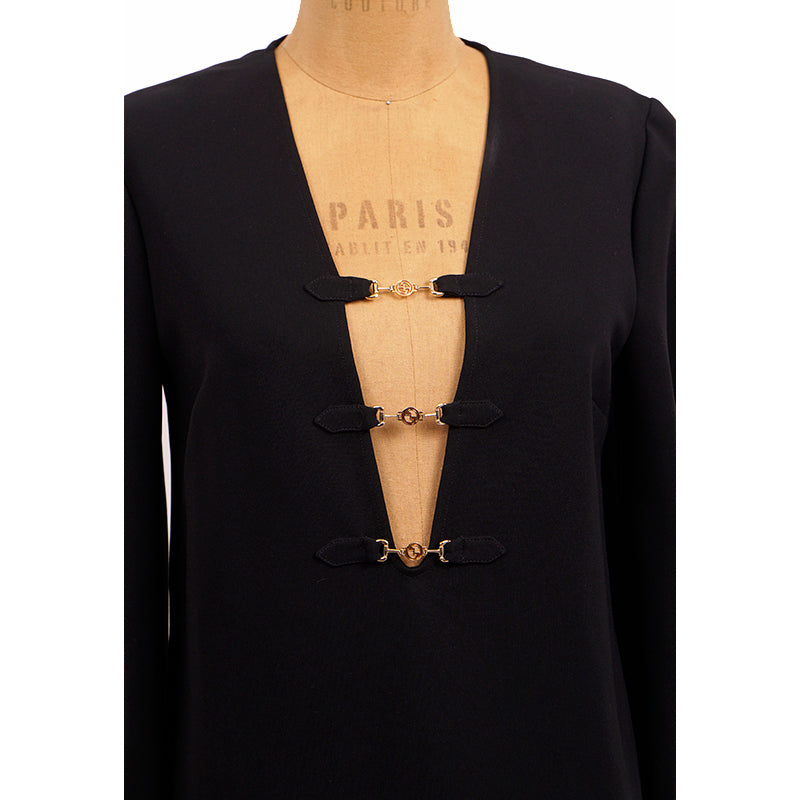 S US 6 NEW $2200 GUCCI Black Compact HORSEBIT GG GOLD HARDWARE Deep V Mini DRESS