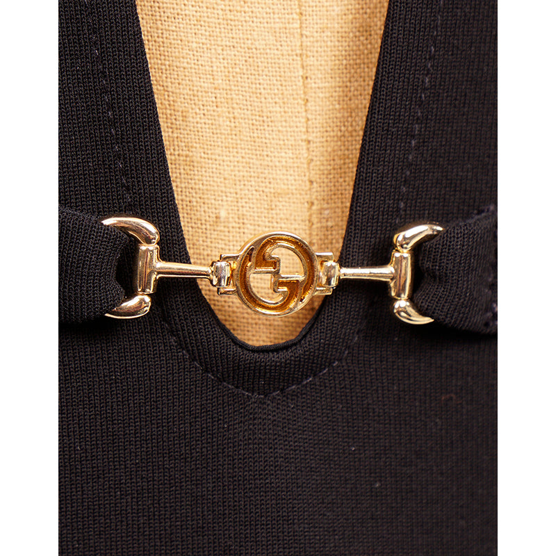 S US 6 NEW $2200 GUCCI Black Compact HORSEBIT GG GOLD HARDWARE Deep V Mini DRESS