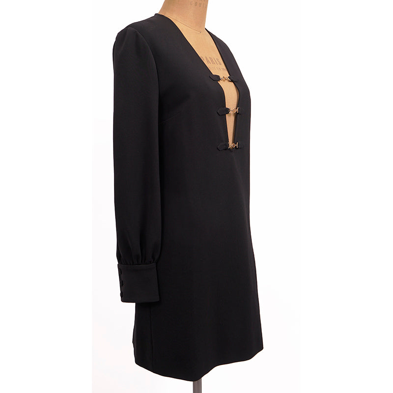 S US 6 NEW $2200 GUCCI Black Compact HORSEBIT GG GOLD HARDWARE Deep V Mini DRESS