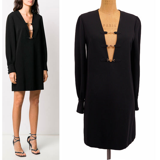 S US 6 NEW $2200 GUCCI Black Compact HORSEBIT GG GOLD HARDWARE Deep V Mini DRESS