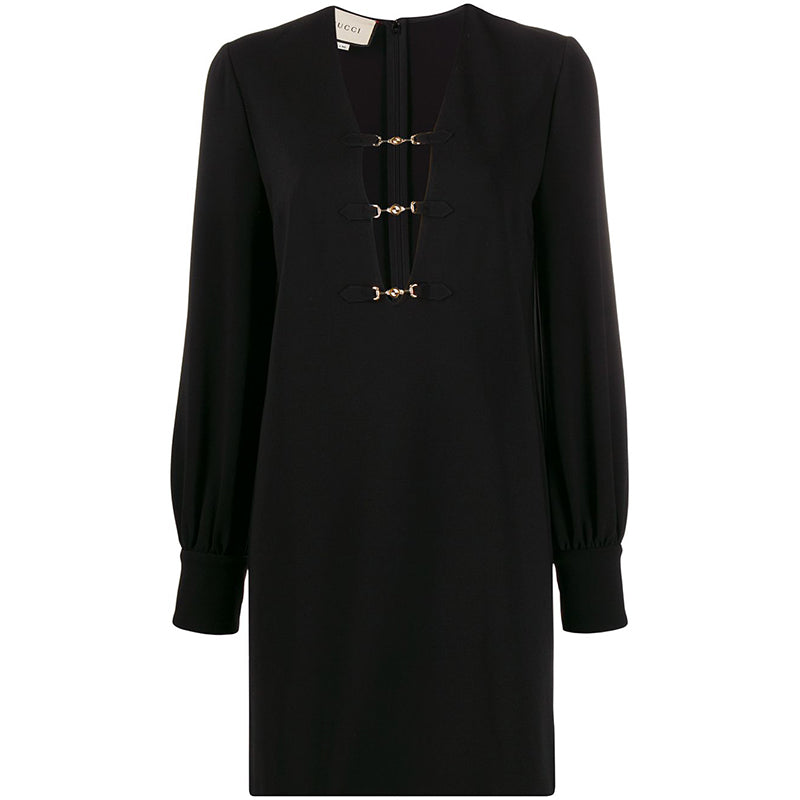 S US 6 NEW $2200 GUCCI Black Compact HORSEBIT GG GOLD HARDWARE Deep V Mini DRESS