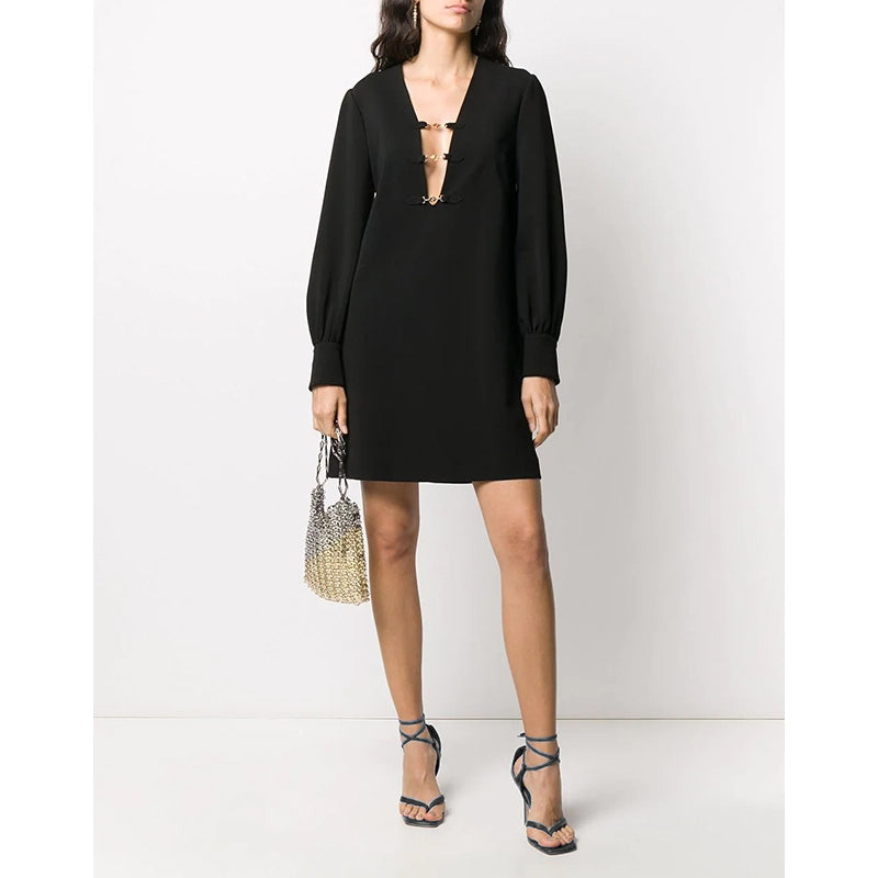 S US 6 NEW $2200 GUCCI Black Compact HORSEBIT GG GOLD HARDWARE Deep V Mini DRESS
