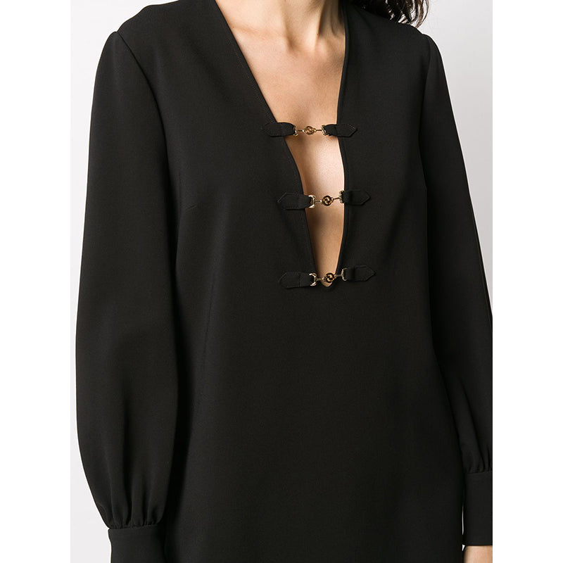S US 6 NEW $2200 GUCCI Black Compact HORSEBIT GG GOLD HARDWARE Deep V Mini DRESS