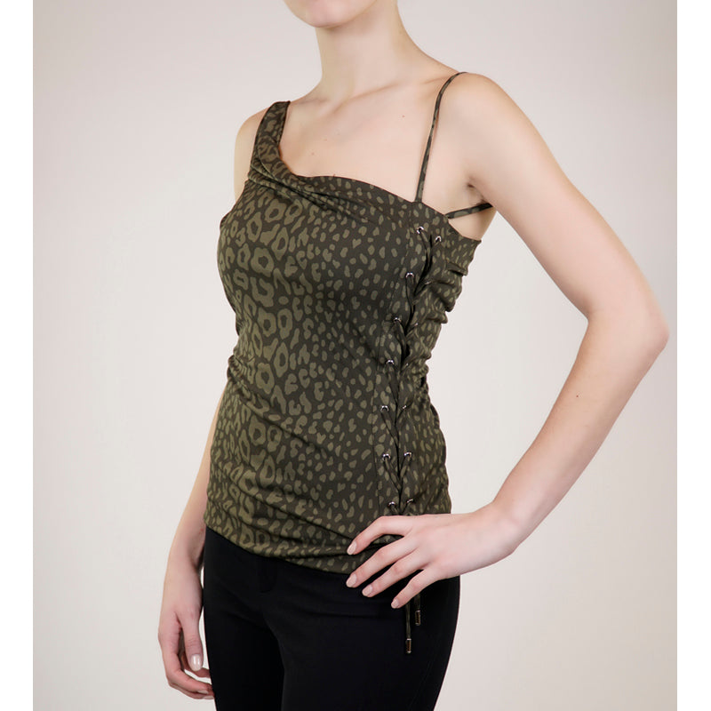 sz M NEW $1125 GUCCI Green RUNWAY ANIMAL PRINT Lace Up Side JERSEY DRAPE TOP NWT