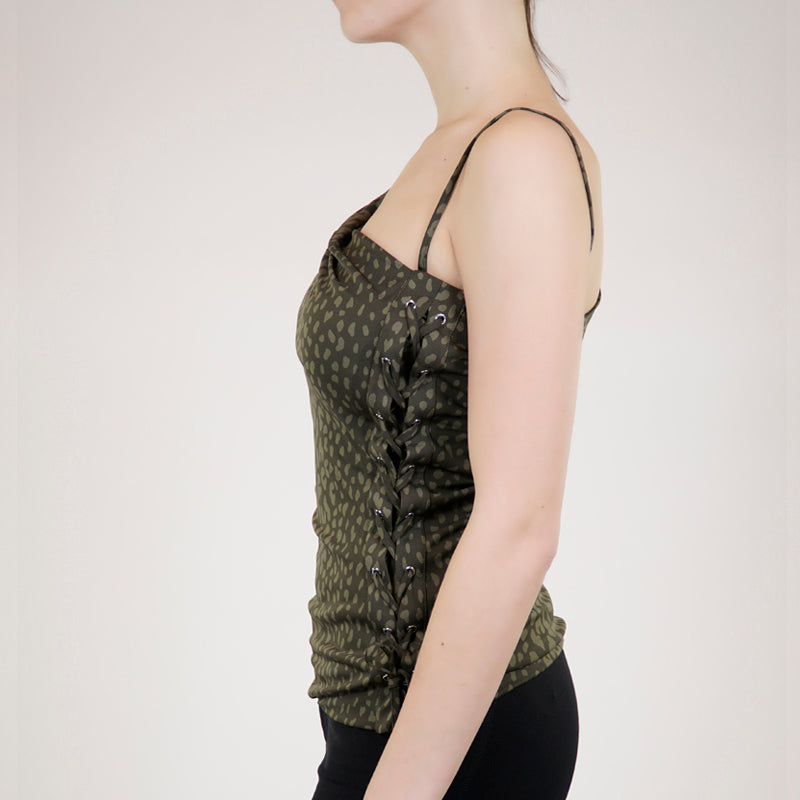 sz M NEW $1125 GUCCI Green RUNWAY ANIMAL PRINT Lace Up Side JERSEY DRAPE TOP NWT
