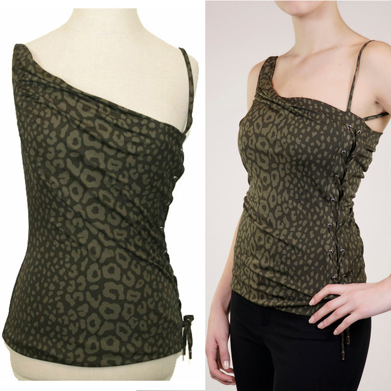 sz M NEW $1125 GUCCI Green RUNWAY ANIMAL PRINT Lace Up Side JERSEY DRAPE TOP NWT