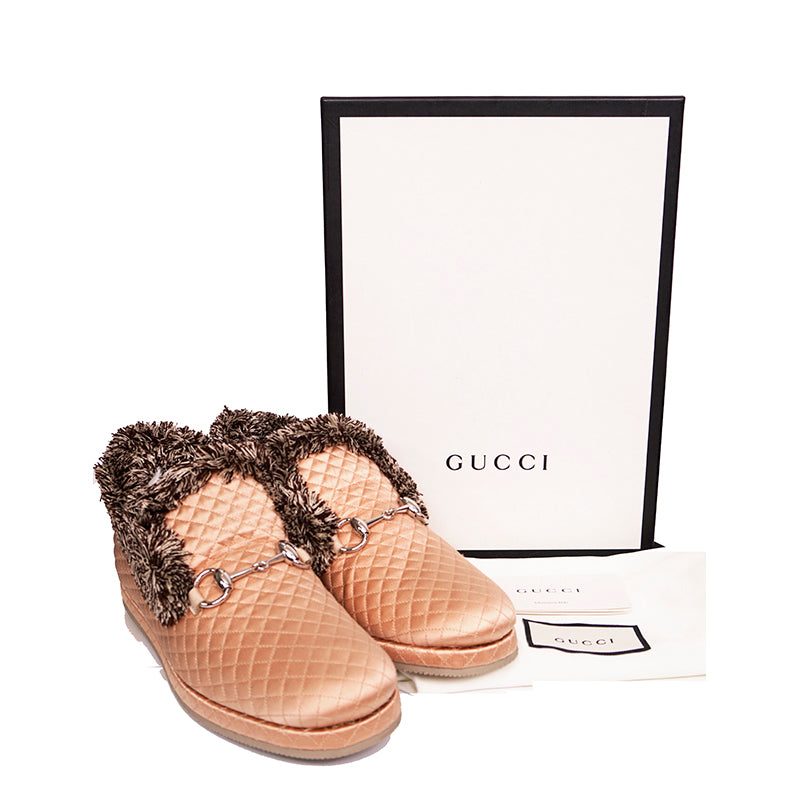37 NEW $750 GUCCI Nude Peach SILK QUILTED FRIA HORSEBIT LOAFERS Slippers Flats