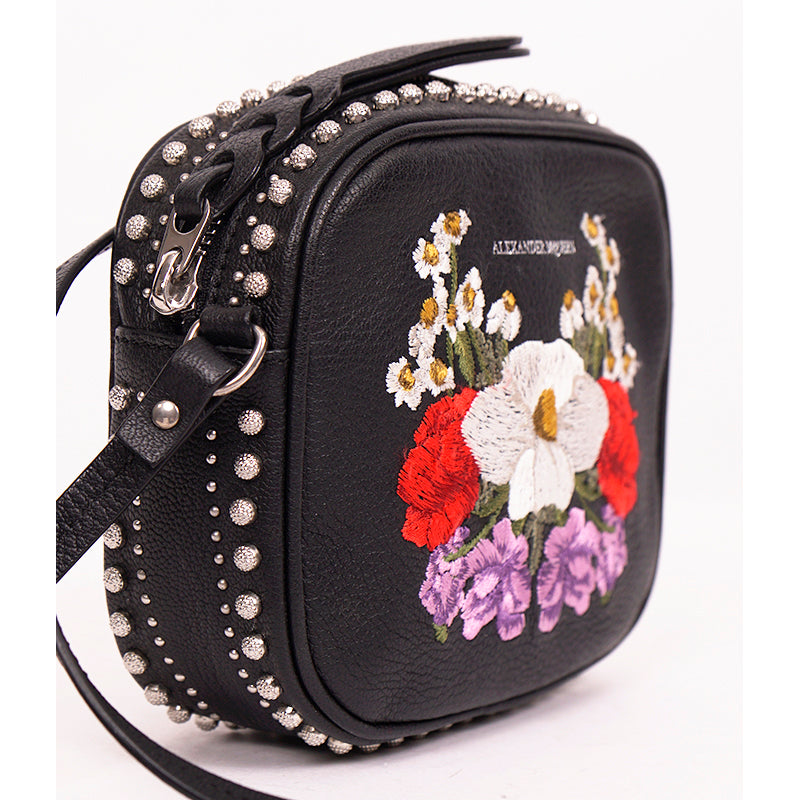 NEW $990 ALEXANDER MCQUEEN Black Leather EMBROIDERED FLORAL Stud MINI CAMERA BAG