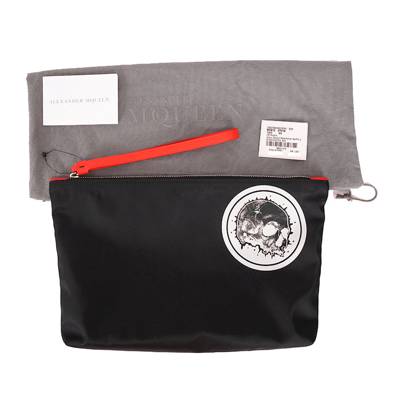 NEW $495 ALEXANDER MCQUEEN Black Nylon SKULL Printed Motif Wristlet Pouch BAG