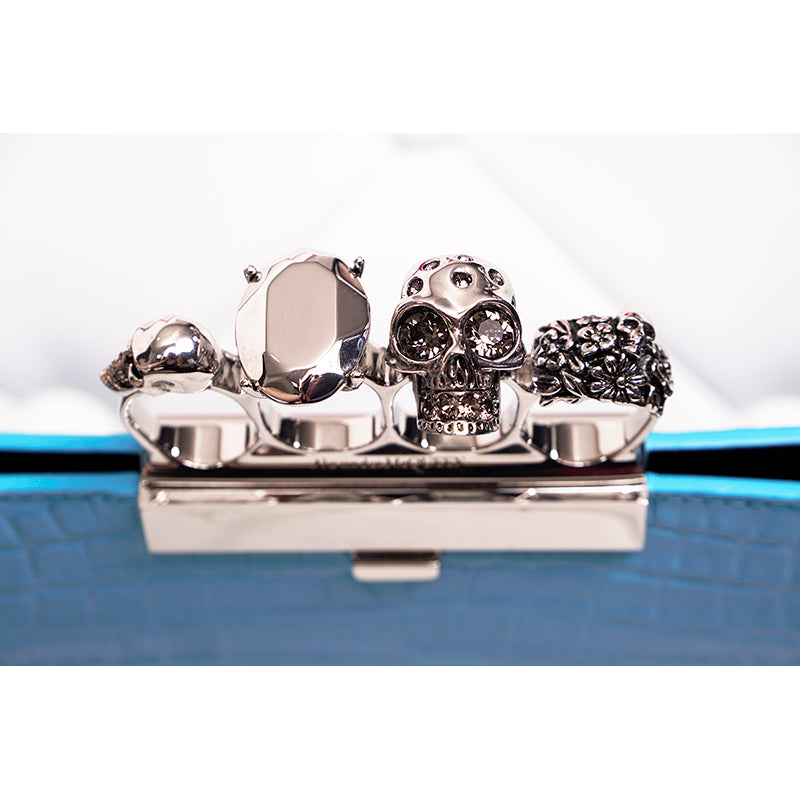 NEW $2290 ALEXANDER MCQUEEN cerulean Blue SILVER JEWEL KNUCKLE 4 Ring SKULL BAG