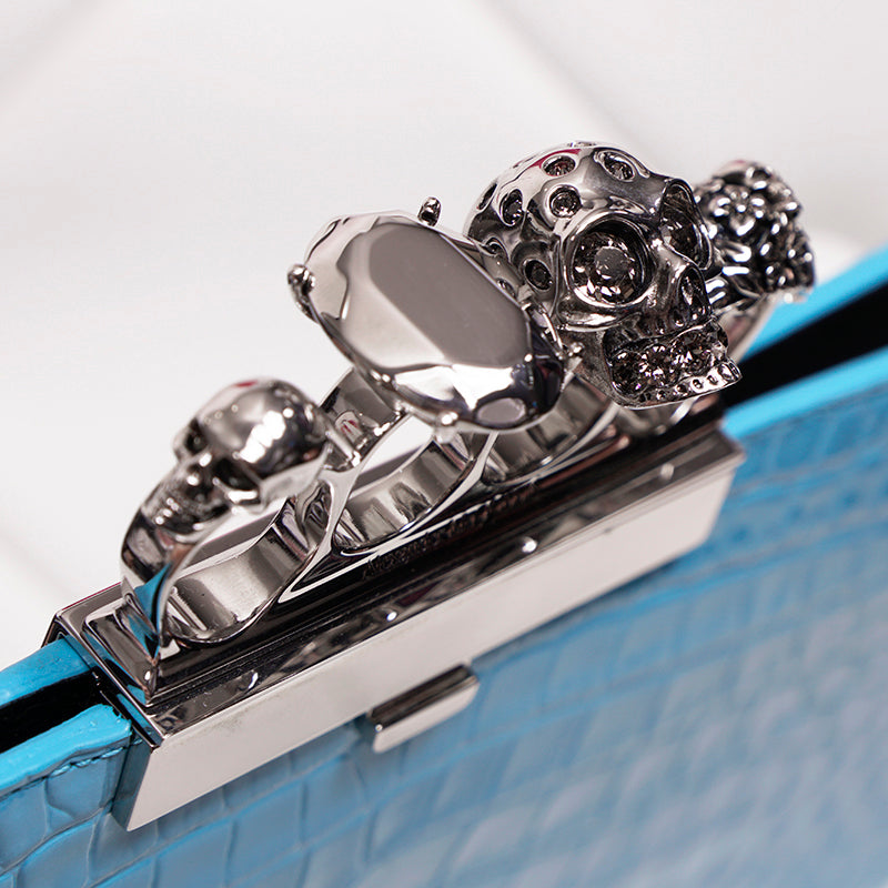 NEW $2290 ALEXANDER MCQUEEN cerulean Blue SILVER JEWEL KNUCKLE 4 Ring SKULL BAG
