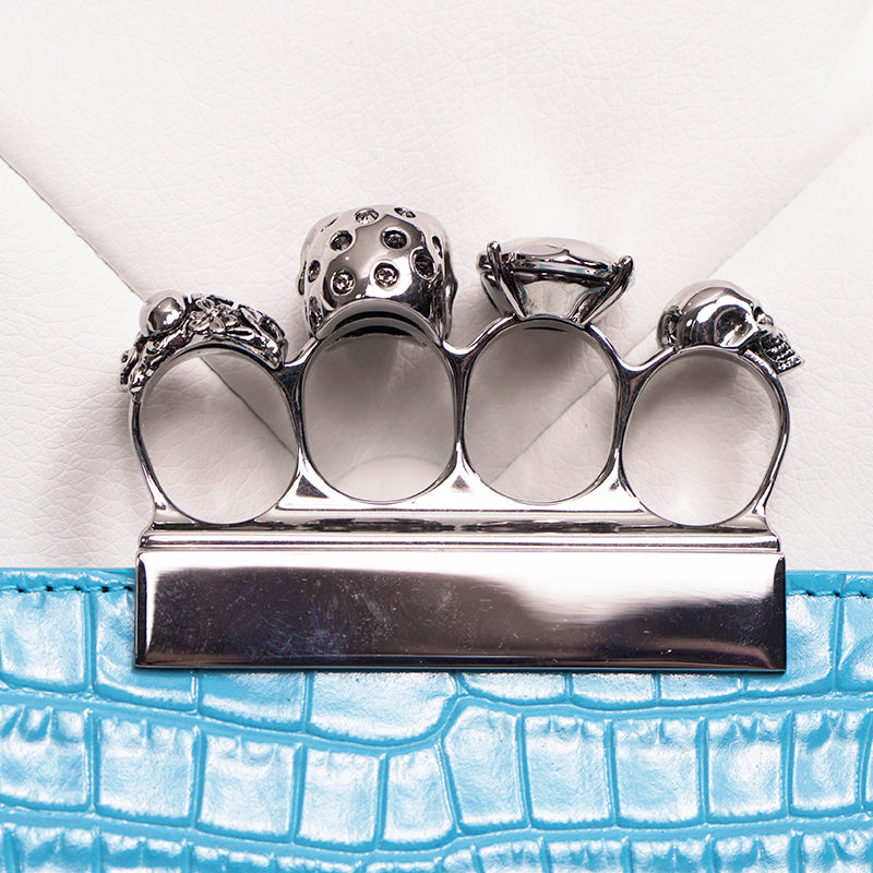 NEW $2290 ALEXANDER MCQUEEN cerulean Blue SILVER JEWEL KNUCKLE 4 Ring SKULL BAG