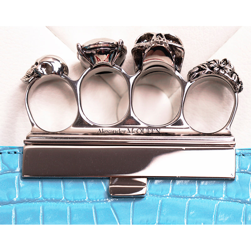 NEW $2290 ALEXANDER MCQUEEN cerulean Blue SILVER JEWEL KNUCKLE 4 Ring SKULL BAG