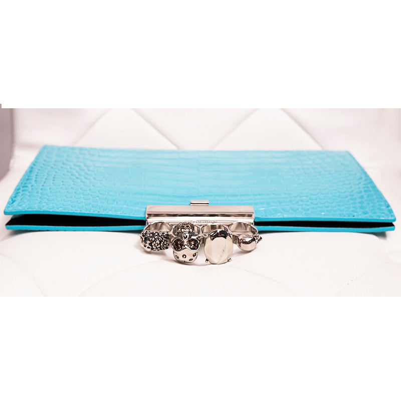 NEW $2290 ALEXANDER MCQUEEN cerulean Blue SILVER JEWEL KNUCKLE 4 Ring SKULL BAG