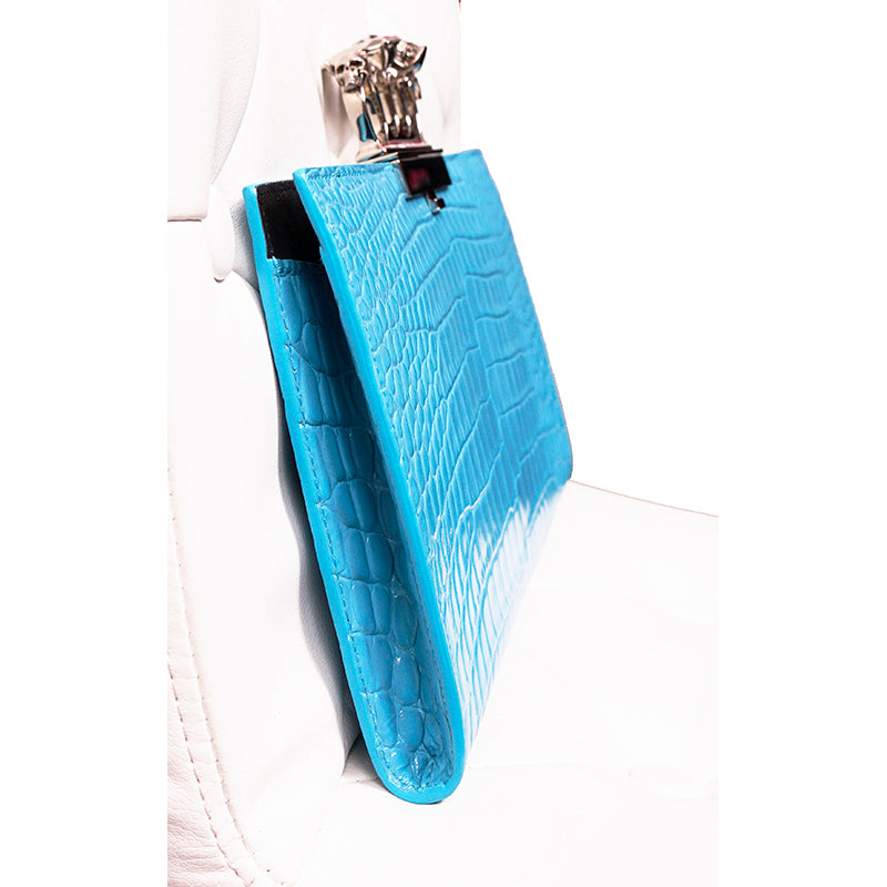 NEW $2290 ALEXANDER MCQUEEN cerulean Blue SILVER JEWEL KNUCKLE 4 Ring SKULL BAG
