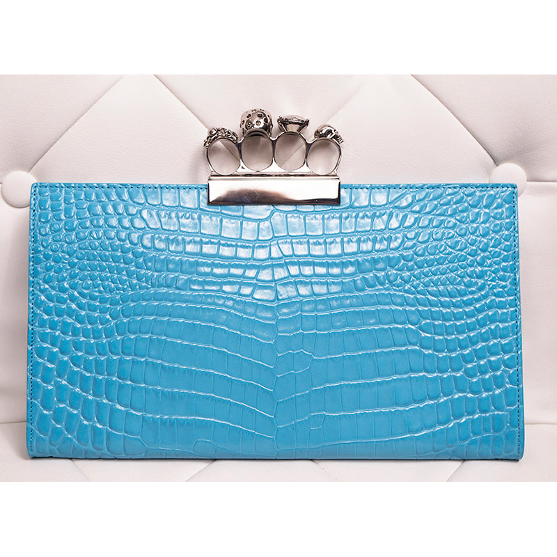 NEW $2290 ALEXANDER MCQUEEN cerulean Blue SILVER JEWEL KNUCKLE 4 Ring SKULL BAG