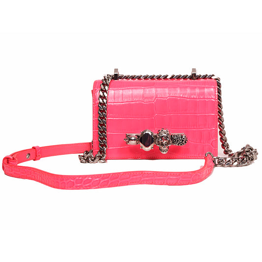 NEW $2,390 ALEXANDER MCQUEEN Pink JEWELED KNUCKLE SKULL Chain MINI FLAP BAG NIB