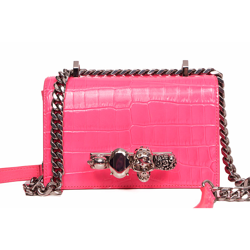 NEW $2,390 ALEXANDER MCQUEEN Pink JEWELED KNUCKLE SKULL Chain MINI FLAP BAG NIB
