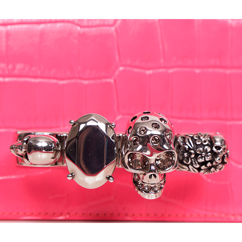 NEW $2,390 ALEXANDER MCQUEEN Pink JEWELED KNUCKLE SKULL Chain MINI FLAP BAG NIB