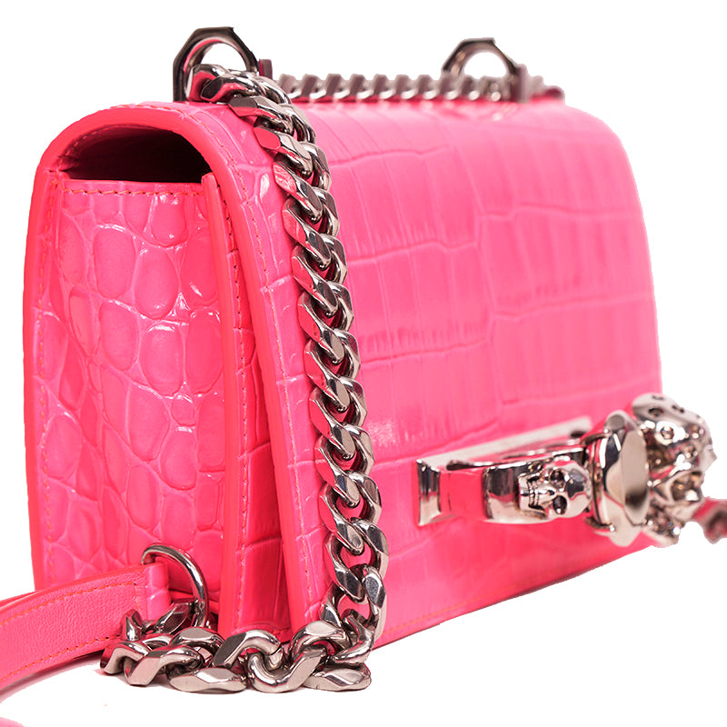 NEW $2,390 ALEXANDER MCQUEEN Pink JEWELED KNUCKLE SKULL Chain MINI FLAP BAG NIB