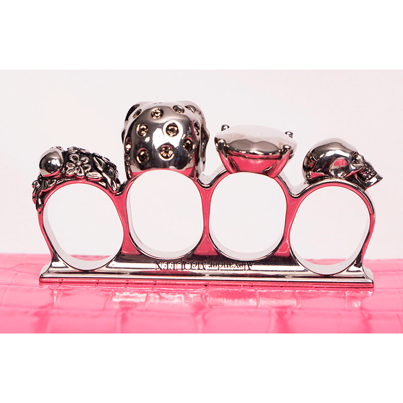NEW $2,390 ALEXANDER MCQUEEN Pink JEWELED KNUCKLE SKULL Chain MINI FLAP BAG NIB