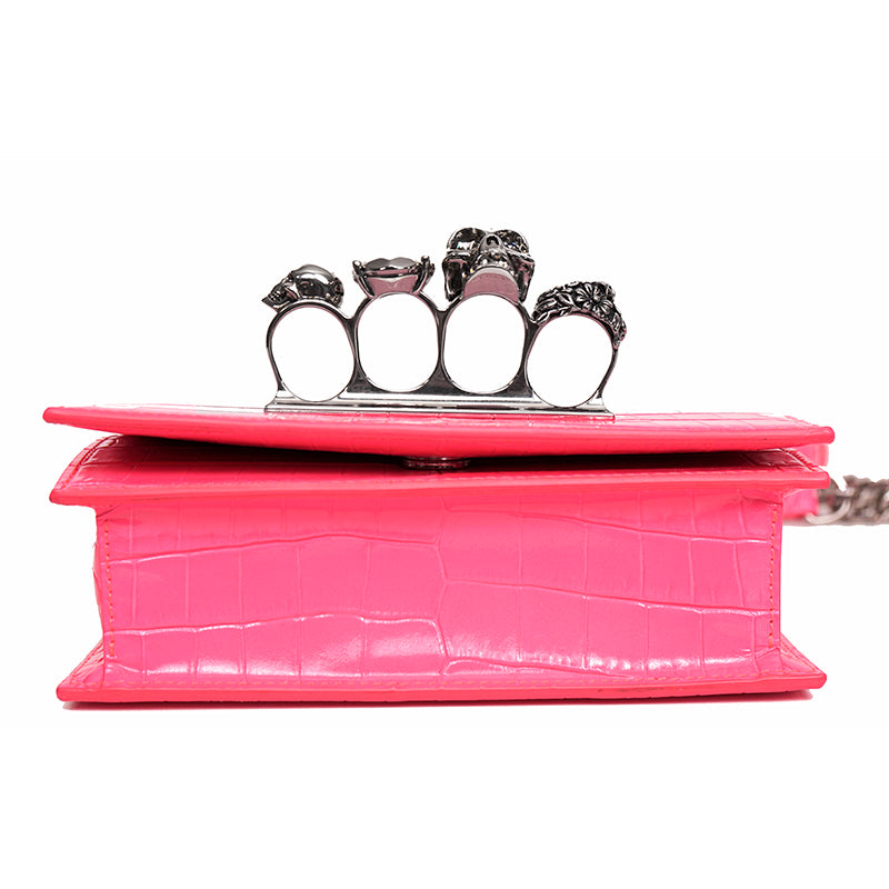 NEW $2,390 ALEXANDER MCQUEEN Pink JEWELED KNUCKLE SKULL Chain MINI FLAP BAG NIB