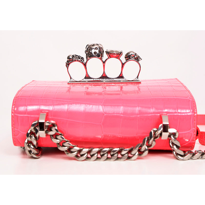 NEW $2,390 ALEXANDER MCQUEEN Pink JEWELED KNUCKLE SKULL Chain MINI FLAP BAG NIB