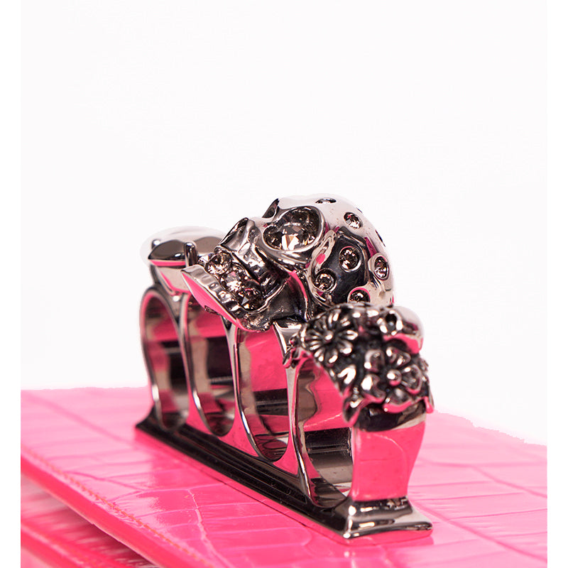 NEW $2,390 ALEXANDER MCQUEEN Pink JEWELED KNUCKLE SKULL Chain MINI FLAP BAG NIB
